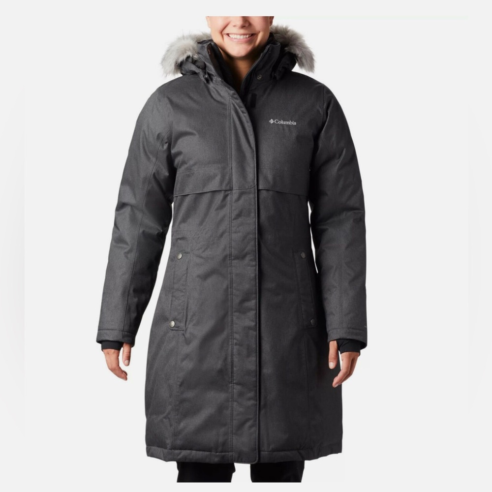 Columbia XL Apres Arson II Long Down Hooded Jacket gray black $300